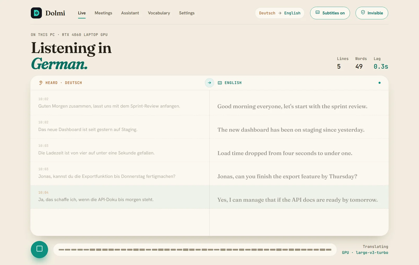 Dolmi's live view: German speech on the left, the English translation on the right, with line count, word count and lag.