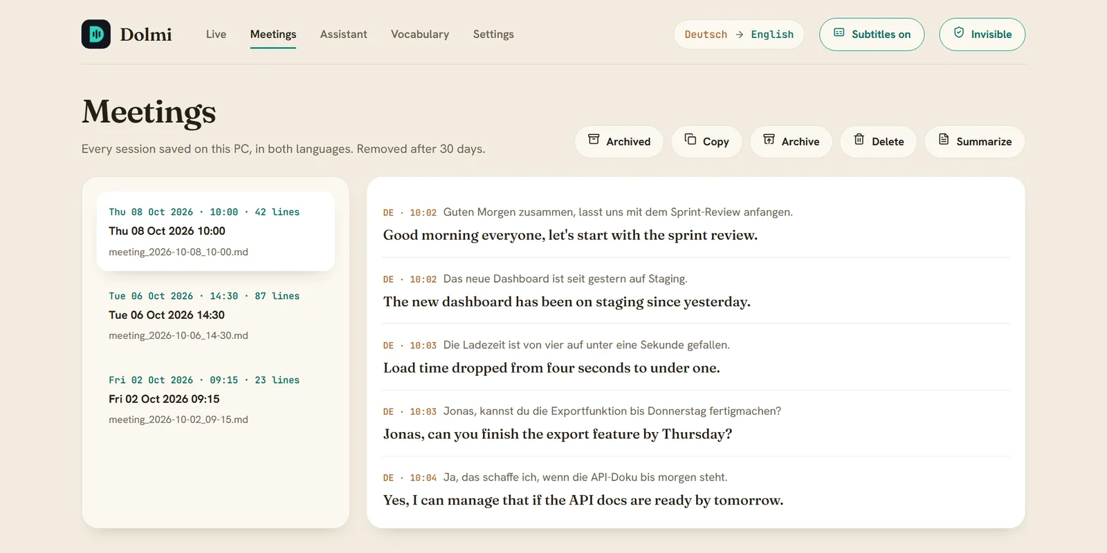 Dolmi's Meetings view listing saved sessions with copy, archive, delete and summarize actions.