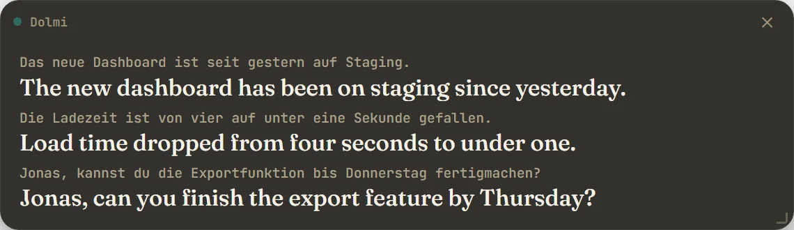 The floating subtitle bar showing an English line with the German original underneath.